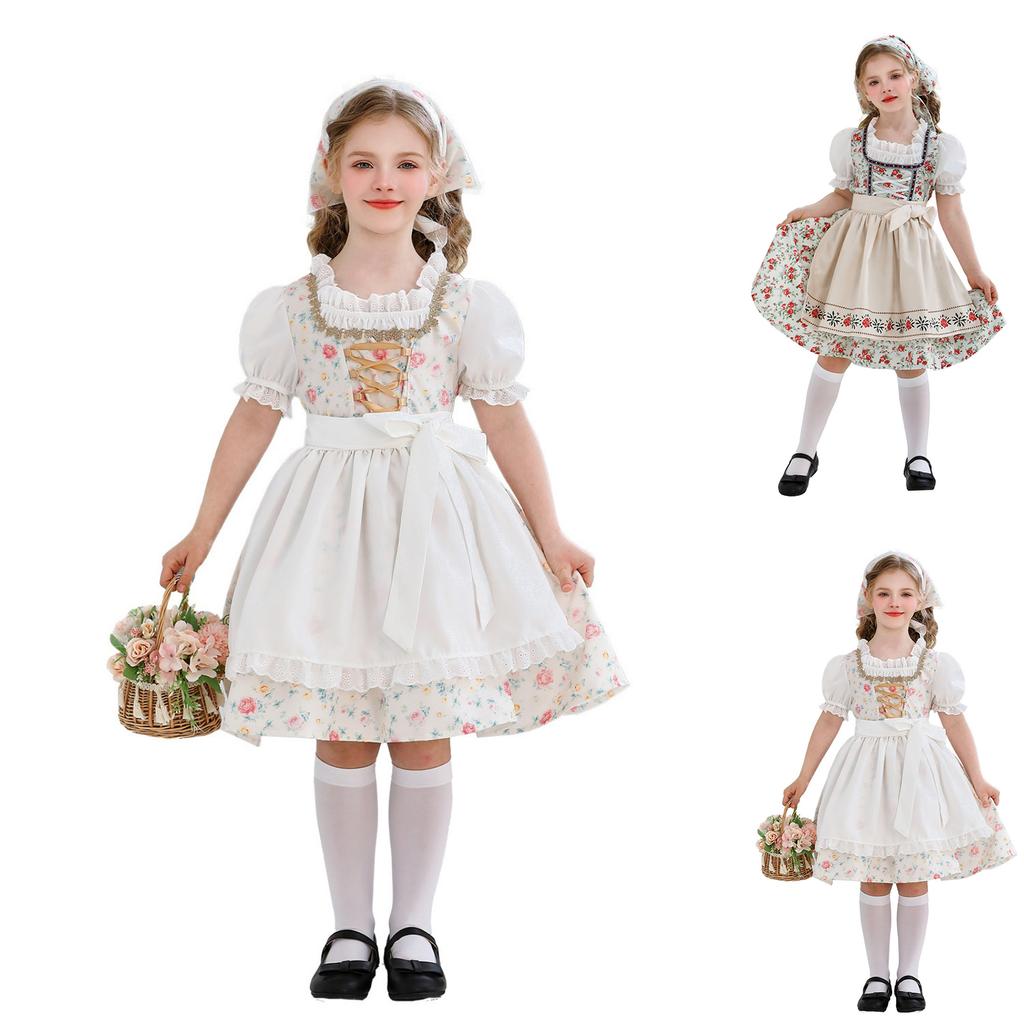 Girls Traditional Dirndl Dress with Apron and Headscarf Farmhouse Lolita Style Costume for Festivals and Themed Events