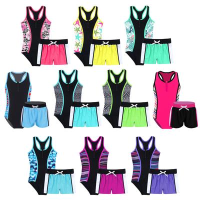 Girls One Piece Swimsuit Set Sleeveless Racer Back Design Matching Boyshorts Beach Swimwear Outfit