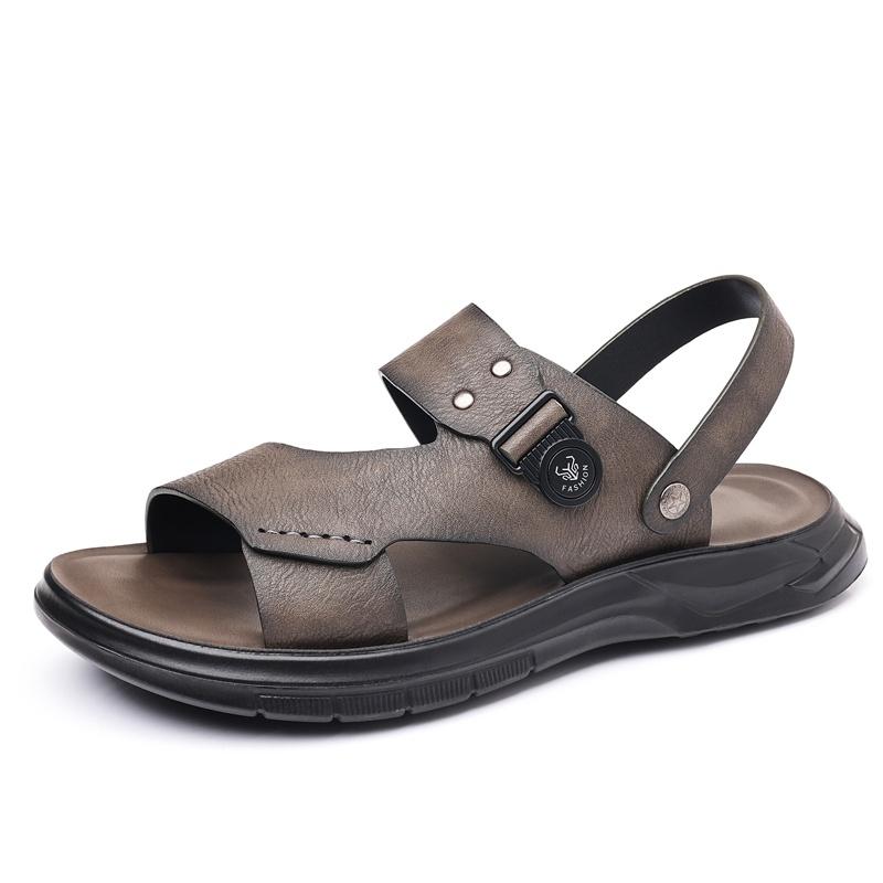 Men Leather Outdoor Sandals Lightweight Comfortable Anti Slip Soft Sole Beach Walking Travel Summer Casual Footwear Everyday Wear
