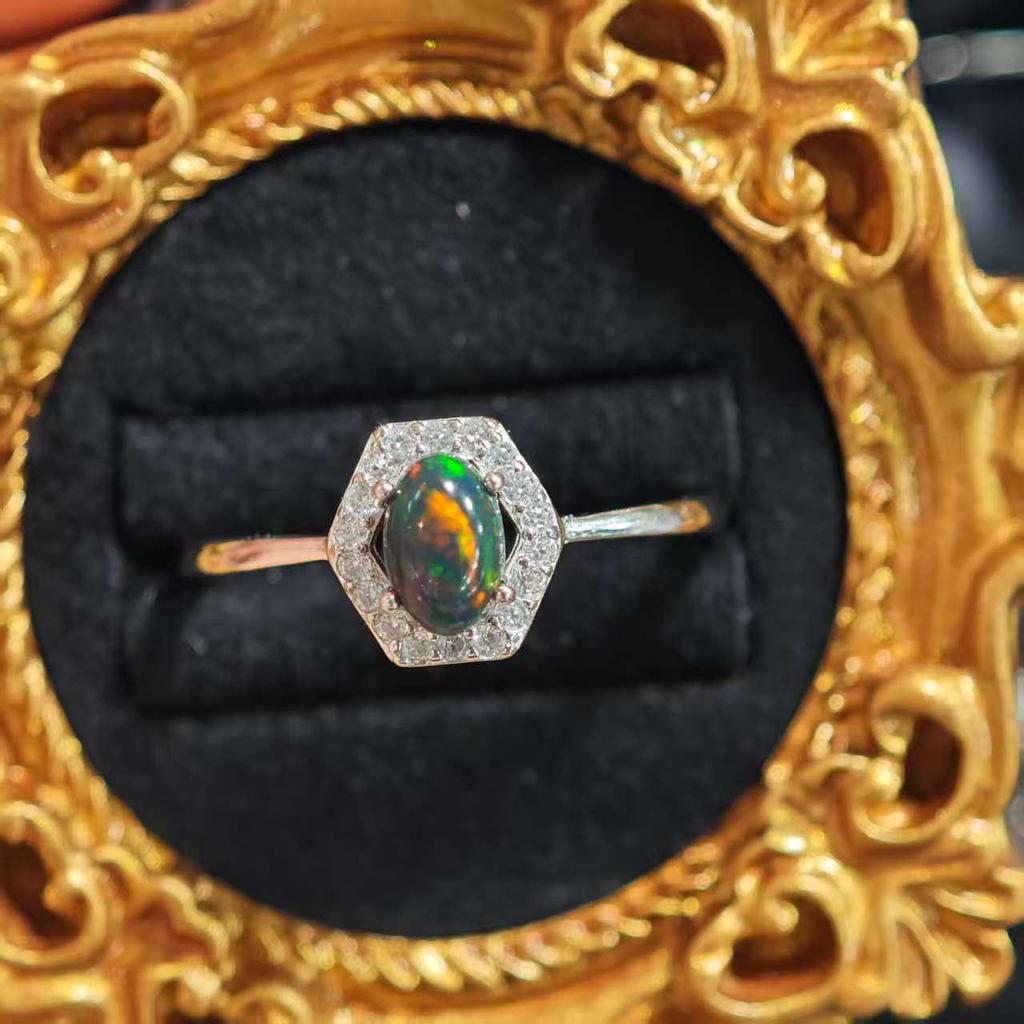 S925 Sterling Silver Hexagonal Black Opal Ring with Zirconia Accents - Bestseller Fire Opal Jewelry