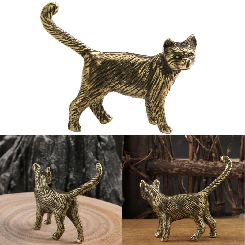 Figurine Chats Fantaisistes Laiton Vieilli Vintage Chaton Miniature Statue Cadeau Amoureux des Animaux Décoration Moderne pour Emménagement