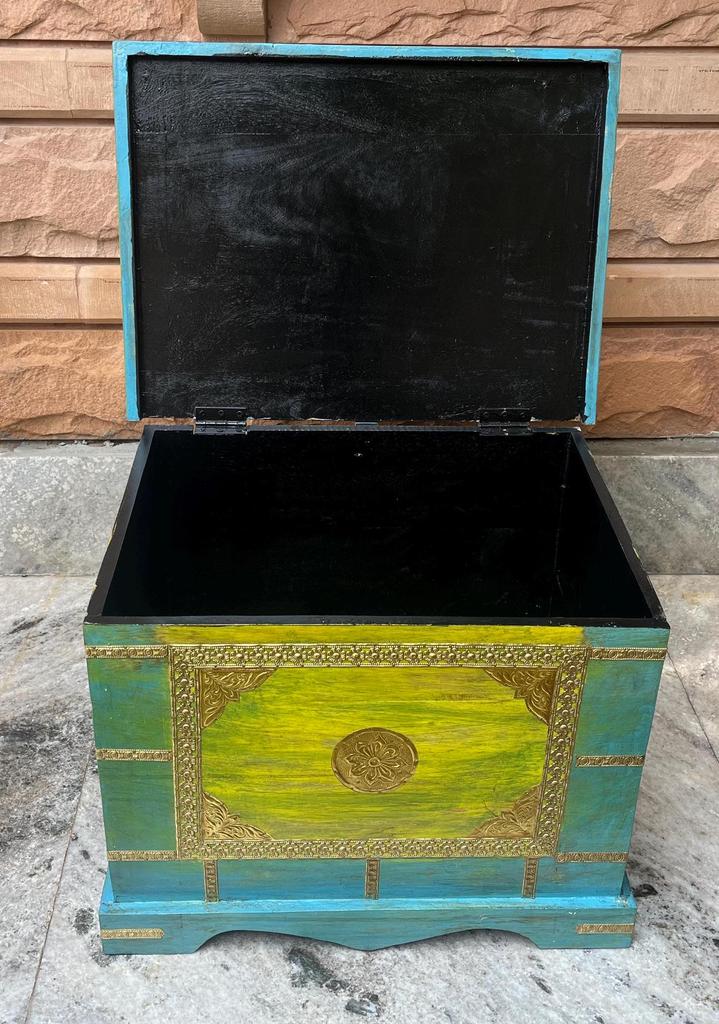 Wooden Painted Brass Trunk Storage Box-Wooden Storage Chest with Brass Accents Unique Bohemian Trunk Box-Drum Chest Home Decor Furniture