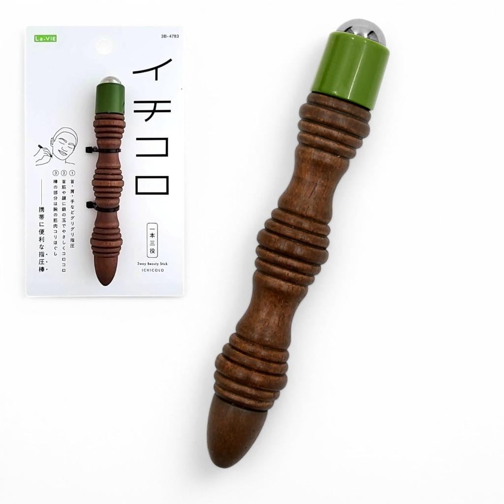 Ichikoro Green x Brown Acupressure with Acupressure Genuine La-VIE 3-in-1 Stick, Wooden, Ball, I-shaped, Self-Care Device, Compact, 3B-4783