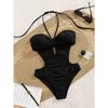 Zwarte Halter Cut-out Strik Textuur Eendelig Badpak voor Dames