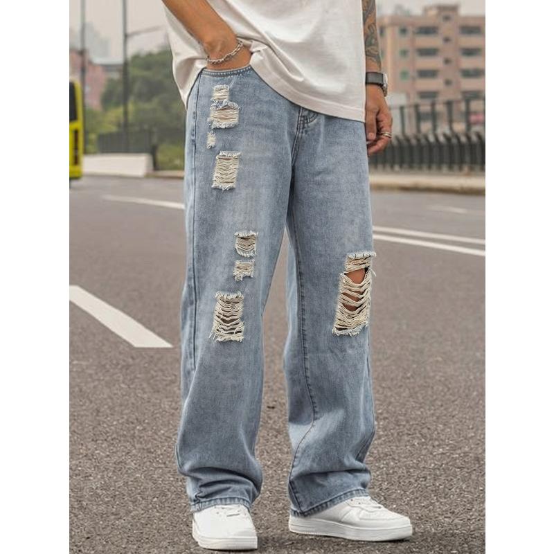 American high street light blue washed big hole men's loose straight wide-leg denim trousers