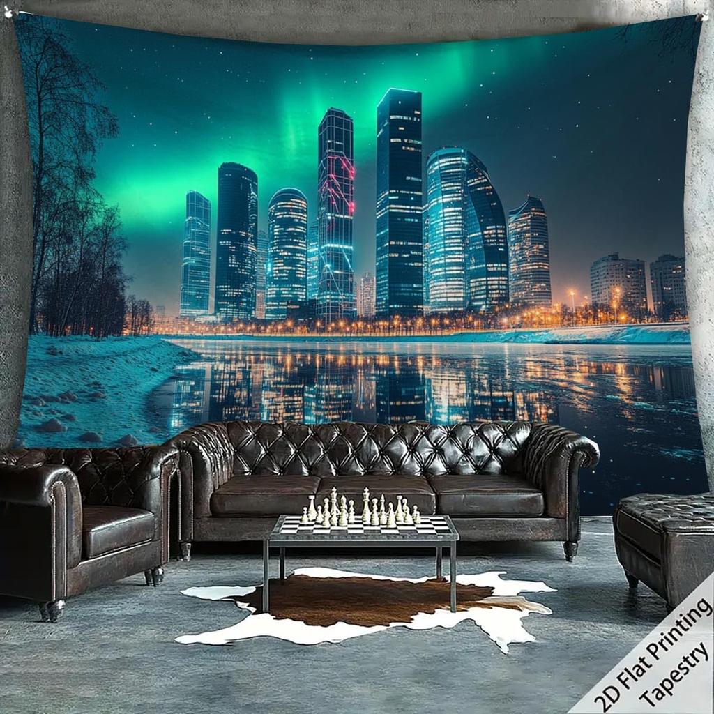 Fendrom City Night Punk Cityspace Tapestry Night Street Architecture Wall Decor Skyline Wall Hanging Green Landscape Ceiling