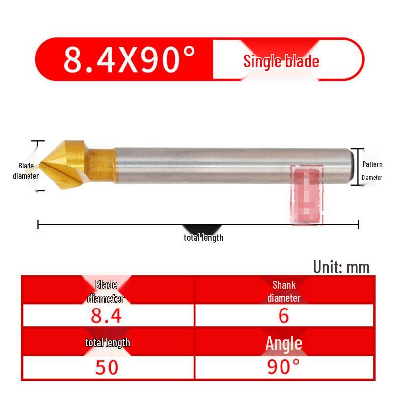 90° Titanium-Coated Chamfering Tool, Single/Three-Flute, 45° Countersink and Deburrer for Stainless Steel.