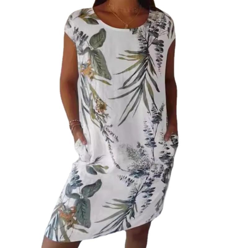 

Женское свободное платье с круглым вырезом и коротким рукавом с цветочным принтом, летние тонкие повседневные платья миди с карманами L белый