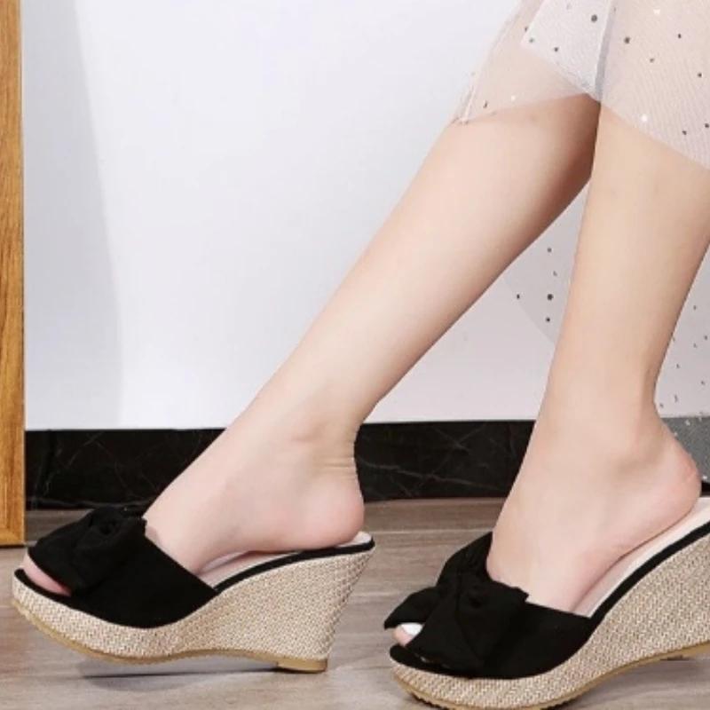 Shoes Female  Fashion Summer Women's Slippers Solid Flock Butterfly-knot High Heels Water Proof Daily Platform Slippers