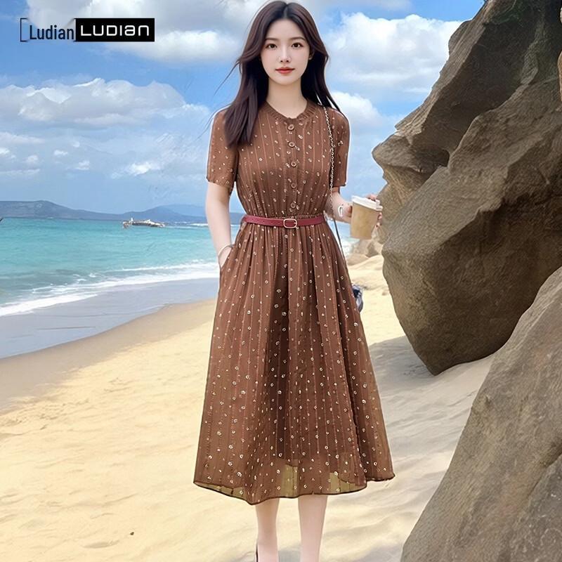 LUDIan Retro Floral Ruffle Collar Long Dress 160/84A