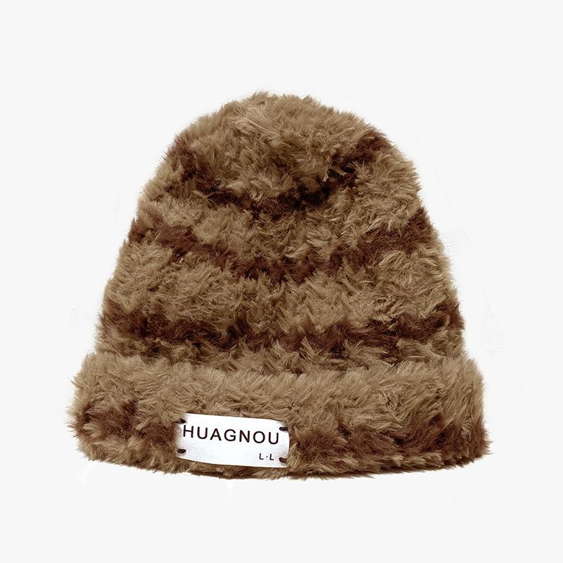New Hat for Women Korean Style Stripes Showing Face Small Fluffy Warm Wool Hat Big Head Around Ear Protection Pile Hat Men's Trendy