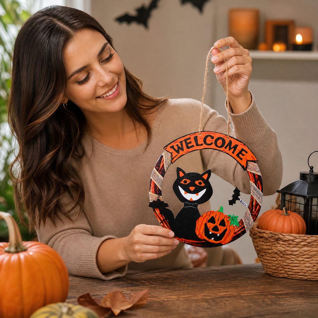 Halloween Round Wooden Door Sign Hanging Decoration for Party Decor and Scene Setup