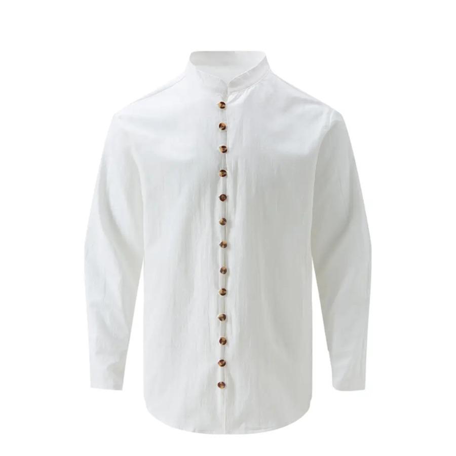 Camicia da uomo in cotone e lino, stile retrò, taglie forti, tinta unita, a maniche lunghe, con bottoni e collo alto, primavera autunno, all'aperto