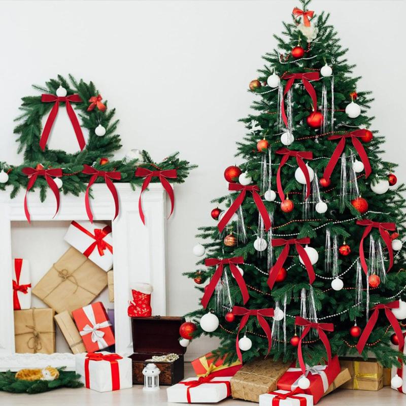 24pcs Slender Velvet Christmas Bows Vintage DIY Christmas Tree Ribbon Bow with Cable Tie Gift Wrapping Bows Wedding Decorations