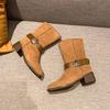 Fashion Metal Belt Buckle Block Heel Single Boots Women's Fashion Round Toe Suede Anti-Slip Wear-Resistant Short Shoe