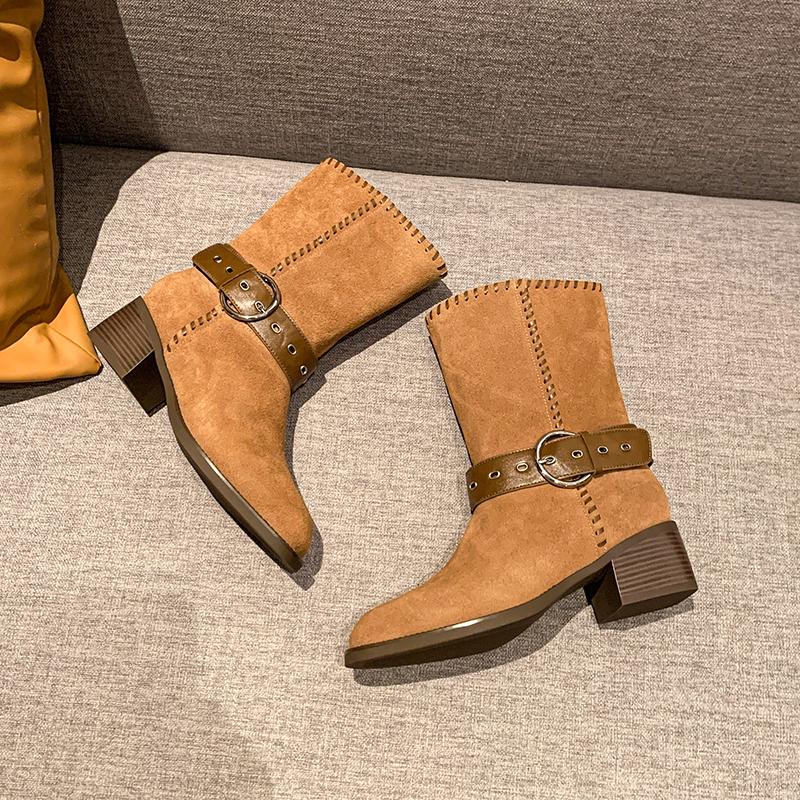 Fashion Metal Belt Buckle Block Heel Single Boots Women's Fashion Round Toe Suede Anti-Slip Wear-Resistant Short Shoe
