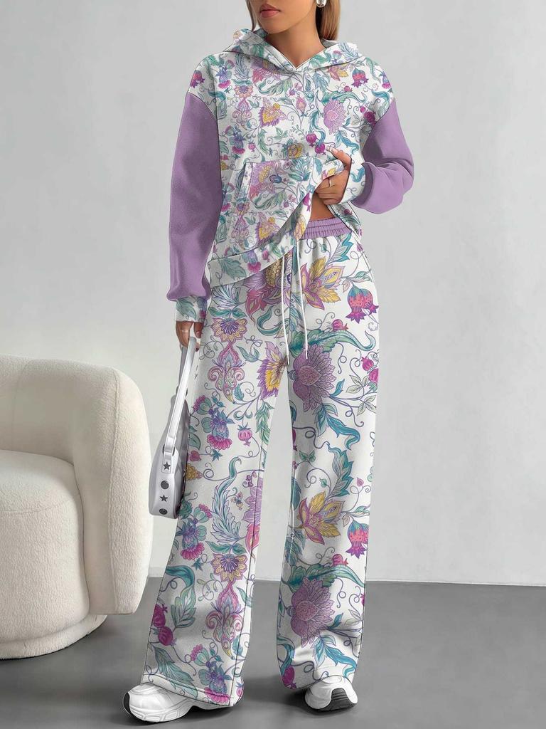 Retro Pattern Splicing European and American Autumn and Winter 1116 Casual Long-sleeved Suit Women's Hooded Sweater Trousers Cover