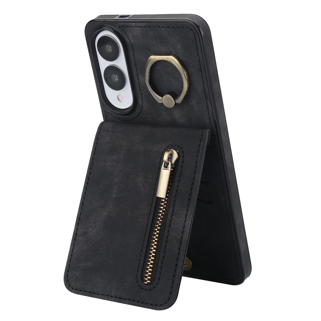 For Samsung Galaxy S25 Edge Case Zipper RFID Blocking Retro Leather+TPU Phone Cover with Kickstand