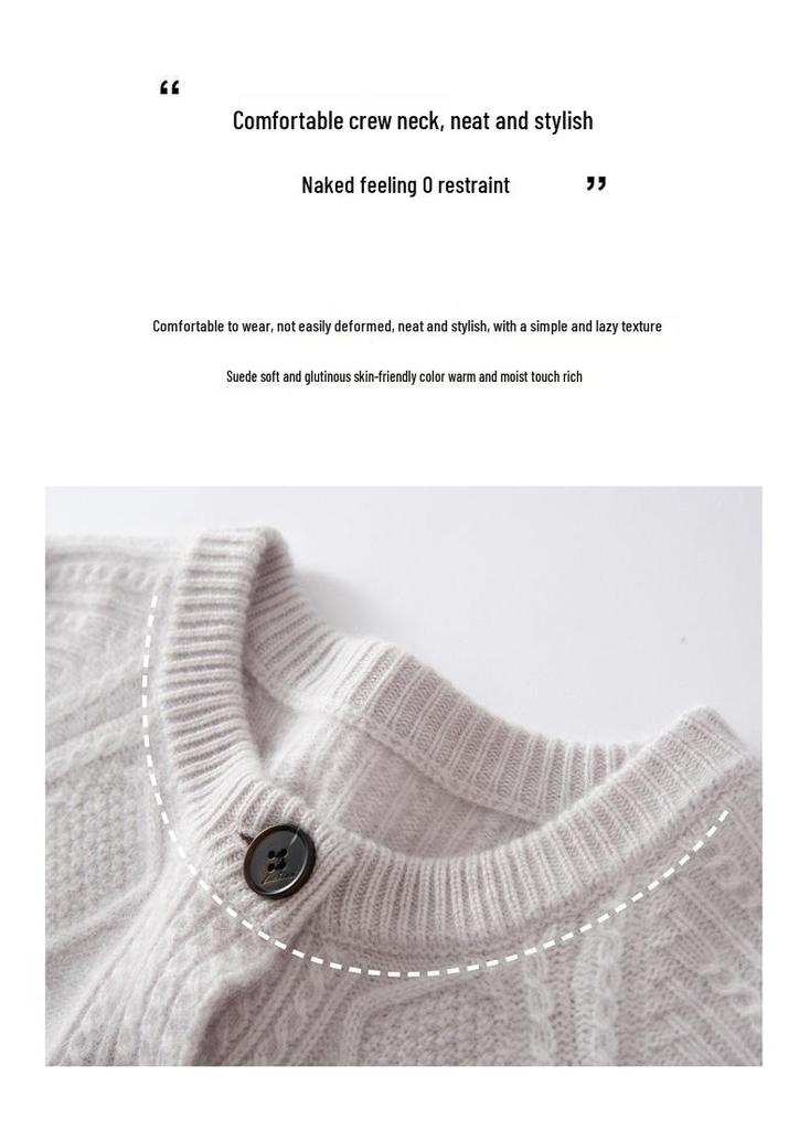 2025 Autumn/Winter Thick Diamond Cable Knit Cashmere Loose Round Neck Long Sleeve Cardigan for Women