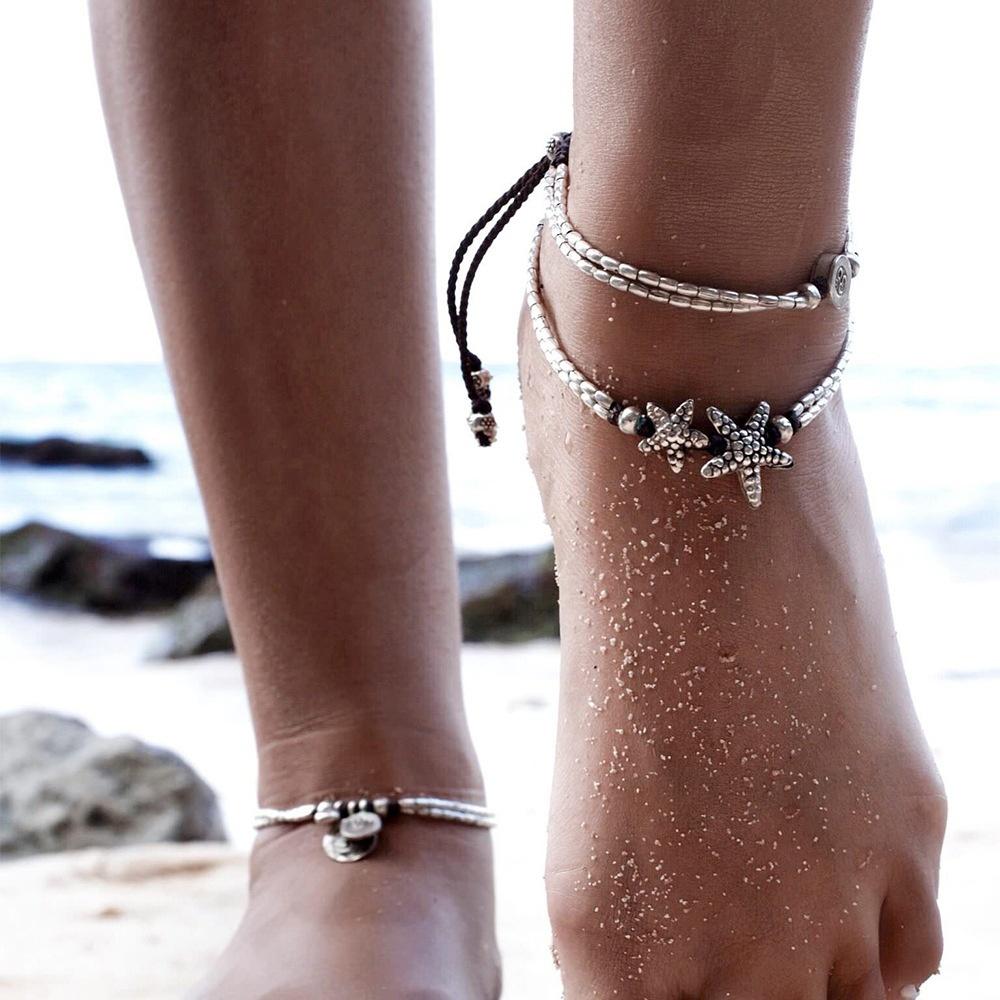 Bohemian Multi Layer Rune Starfish Women's Anklet Foot Bracelet Barefoot Sandals Chain Strap Beach A