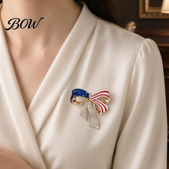 Electroplated Bow Pin Independence Day Brooch Pin, Patriotic Rhinestone Lapel Sweater Long-lasting Alloy Cardigan Coat Suit Jewelry