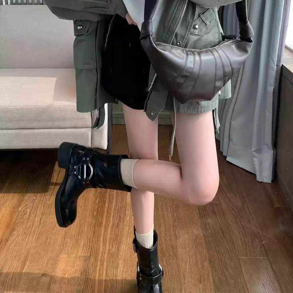 Cowhide version~ genuine leather retro metal buckle thick heel western short boots women's autumn and winter new punk locomotive knight boots