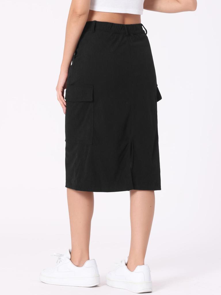 Allegra K Damska Spódnica Cargo z Wysokim Stanem, Elastyczny Tył, Sztruksowa Spódnica Midi z Kieszeniami, Czarna, Rozmiar M