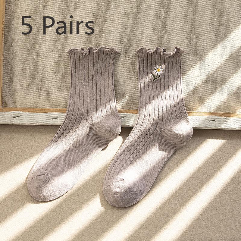 5 Pairs of Female Cotton Sweet Lace Fashion Fungus Edge Floral Embroidery Medium Tube Pile Socks