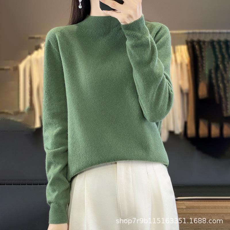 Autumn and winter new pure wool sweater women's semi-turtleneck first-line ready-to-wear wool sweater knitted sweater loose and thin bottoming shirt