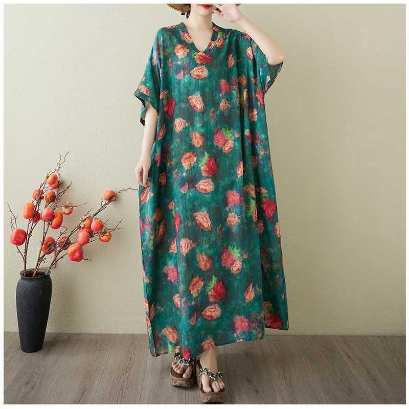Women's Vintage Long Dress with Cotton and Linen Patterns
