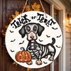 Indoor Halloween Wall Art Dachshund Hanging Sign, Spooky Skeleton Dog Trick or Treat Wooden Theme Decoration with Pumpkin Bat Pattern, Holiday Welcome