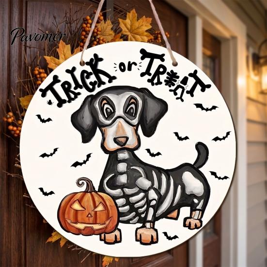 Indoor Halloween Wall Art Dachshund Hanging Sign, Spooky Skeleton Dog Trick or Treat Wooden Theme Decoration with Pumpkin Bat Pattern, Holiday Welcome