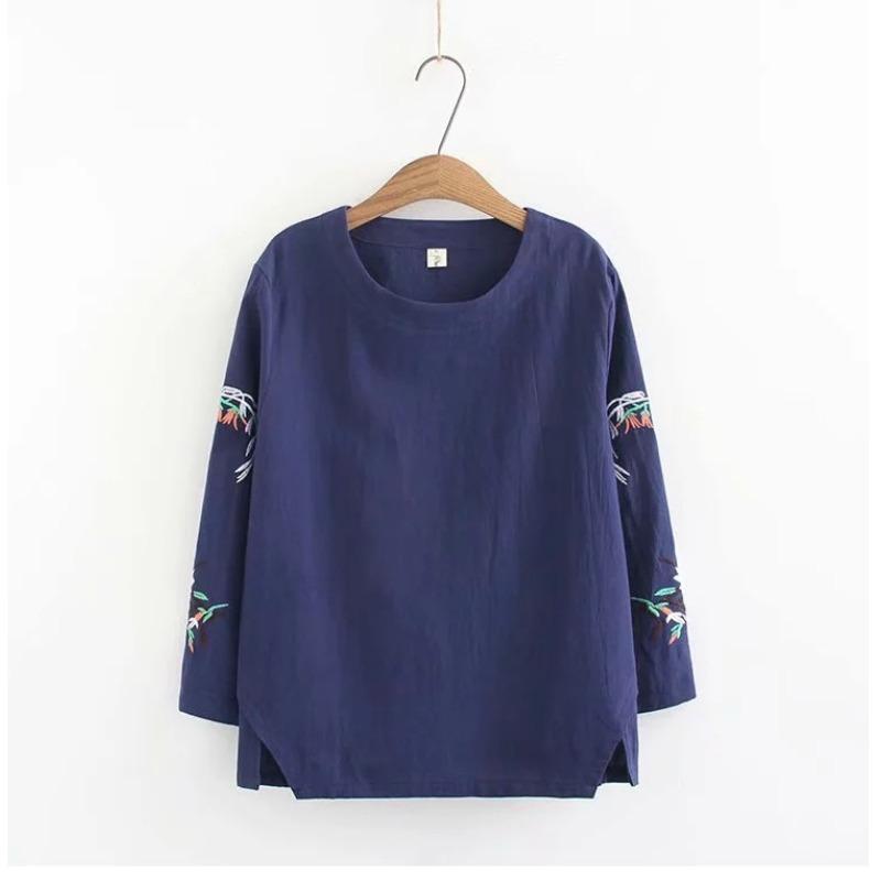 Women's Shirts Breathable Vintage Embroidered Long Sleeve Loose Casual Women's Blouse Round Neck Solid Color Office Ladies Base Blouses Tops Fashion