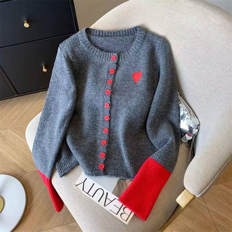 High-end Super Nice Color Block Knitted Cardigan Coat Women's Autumn Winter Top Unique Gray Sweater