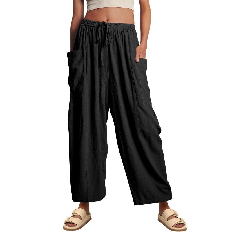Spring and Summer Elastic Waist Pleated Mid Waist Straight Leg Pants, Loose Casual Cotton and Linen Cropped Pants
