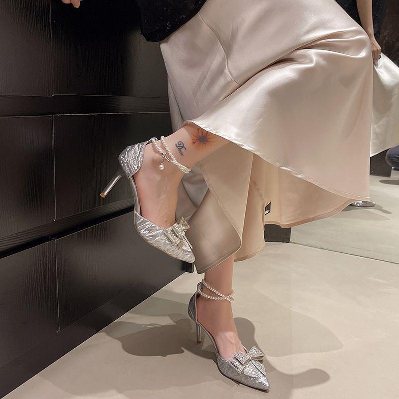 Premium pearl chain pointed tip not tired feet single shoes 2025 new hollow rhinestone bow stiletto high heels women