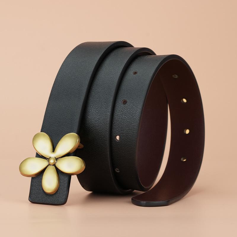 Leather Belt Formal Suit Casual Pants Belt Women's Waist Belt Slim Flower Smooth Plate Buckle