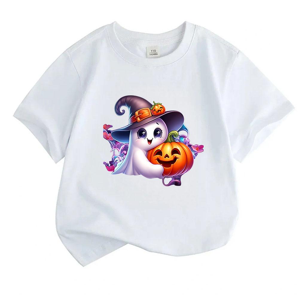 Kids Boys Girls 100% Cotton Crew Neck Short Sleeve T-Shirt, Cute Ghost Witch Hat Hug Smiling Pumpkin Print Casual Halloween Tee for Children
