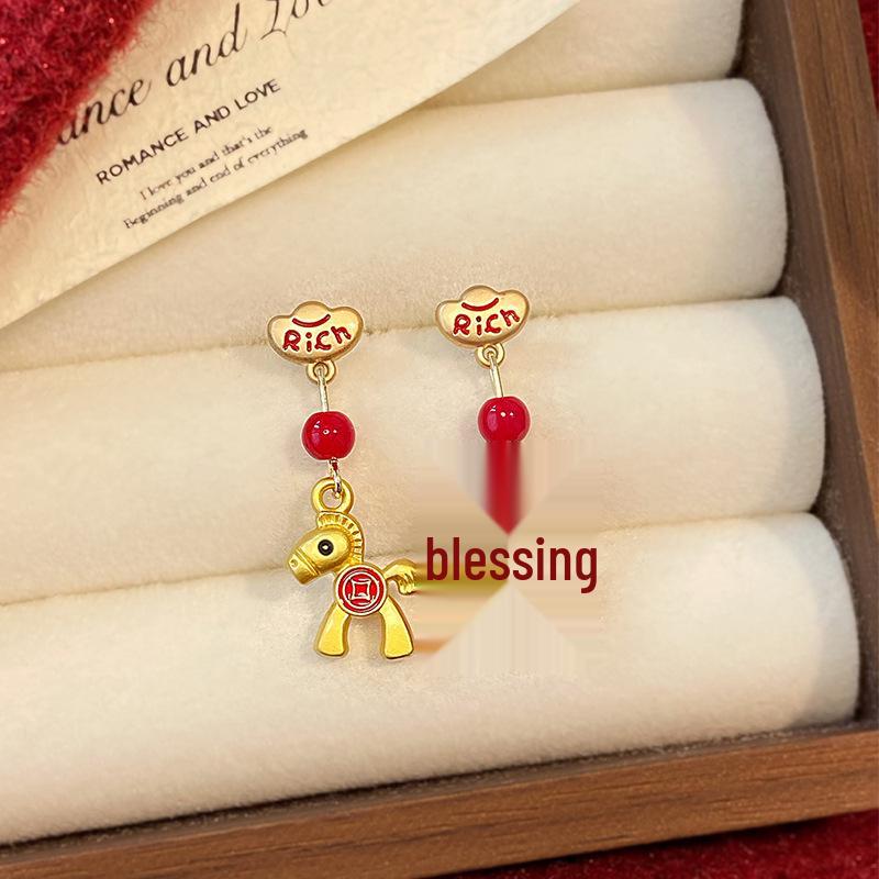 Asymmetrical Red Pony Earrings - 2025 High-End Design, New Year Style, Trendy Ear Jewelry for Women