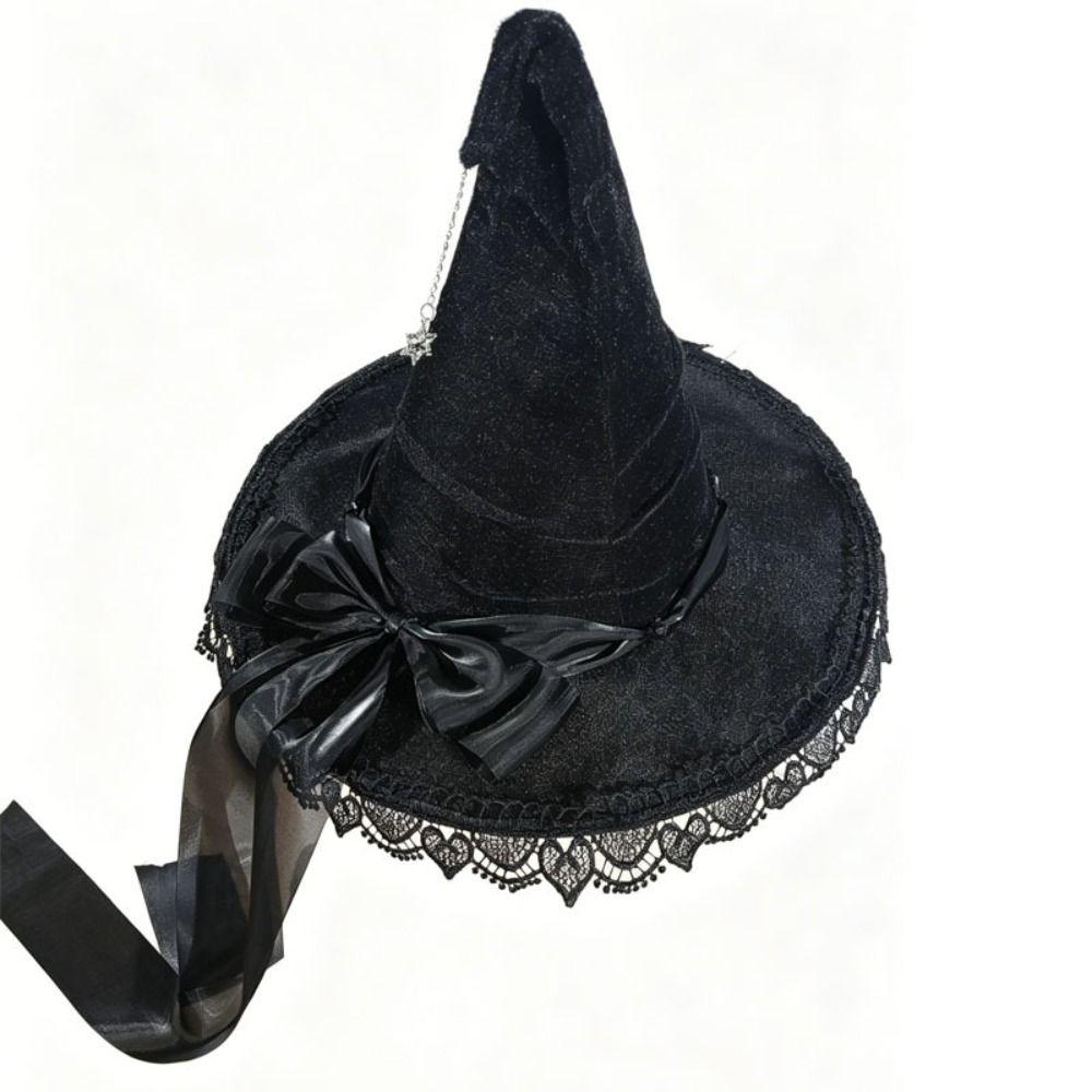 Party Props Satin Bow Halloween Hat Star Pendant Lace Lolita Witch Hat Bendable Sparkling Stars Pointed Mage Hat Halloween Party