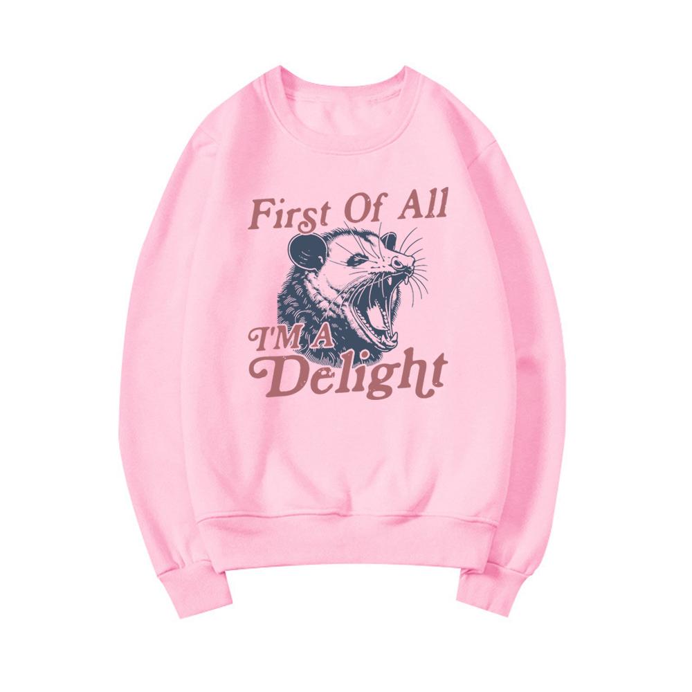 First Of All I'm A Delight Sweatshirt Funny Opossum Sweatshirt Angry Opossum Hoodie Opossum Lover Gifts Funny Sarcastic Sweater