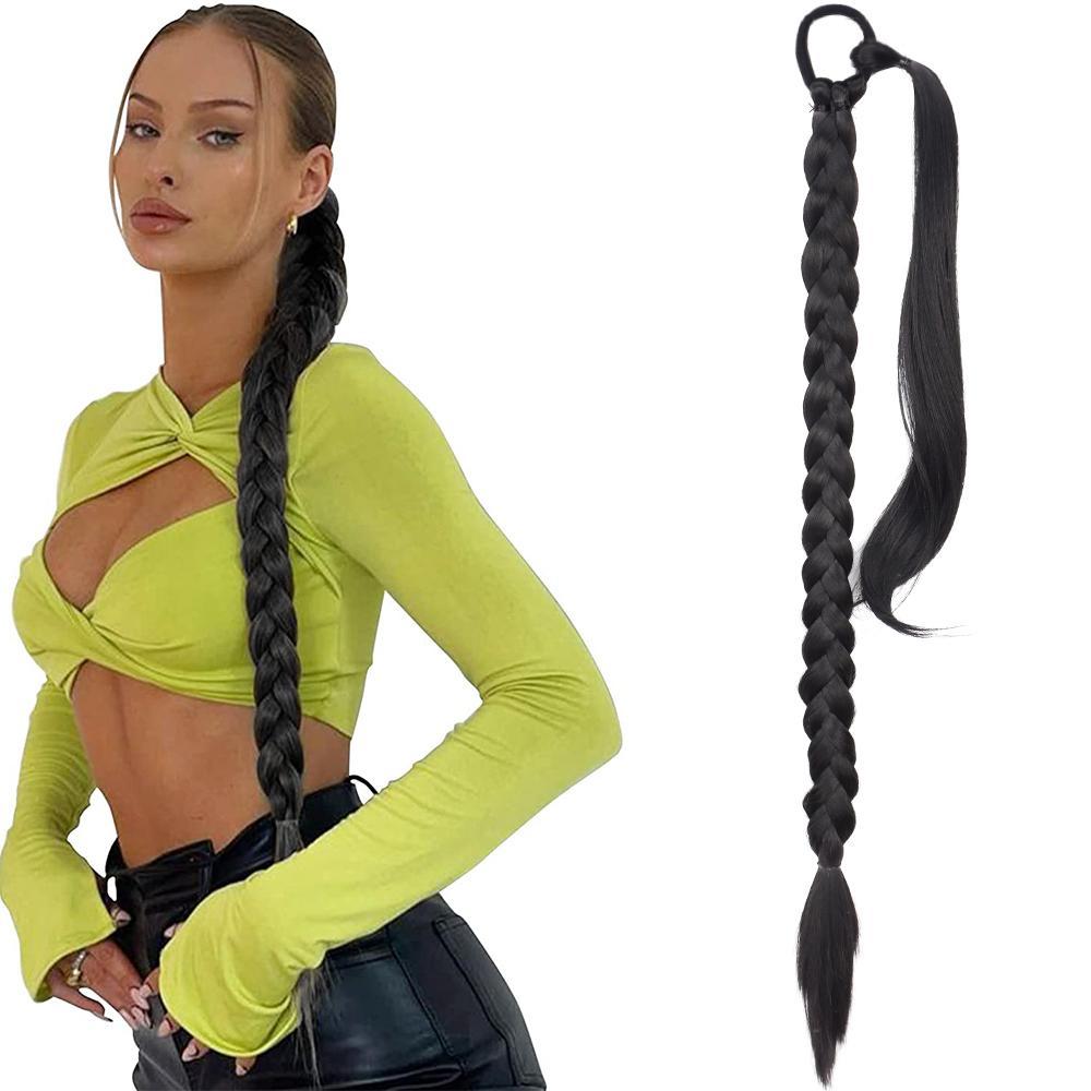 MERISIHAIR Synthetic Fiber Braided Ponytail Extensions Black Natural Hairpiece Long Pony Tail with Hair Tie Rubber Band for Women