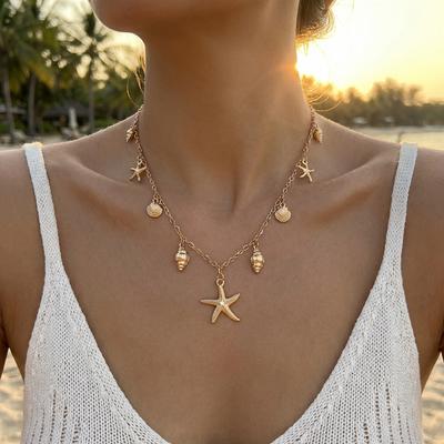 Starfish Conch Choker Necklace Ocean Theme Sea Shell Short Collarbone Chain Summer Beach Vacation Jewelry for Women