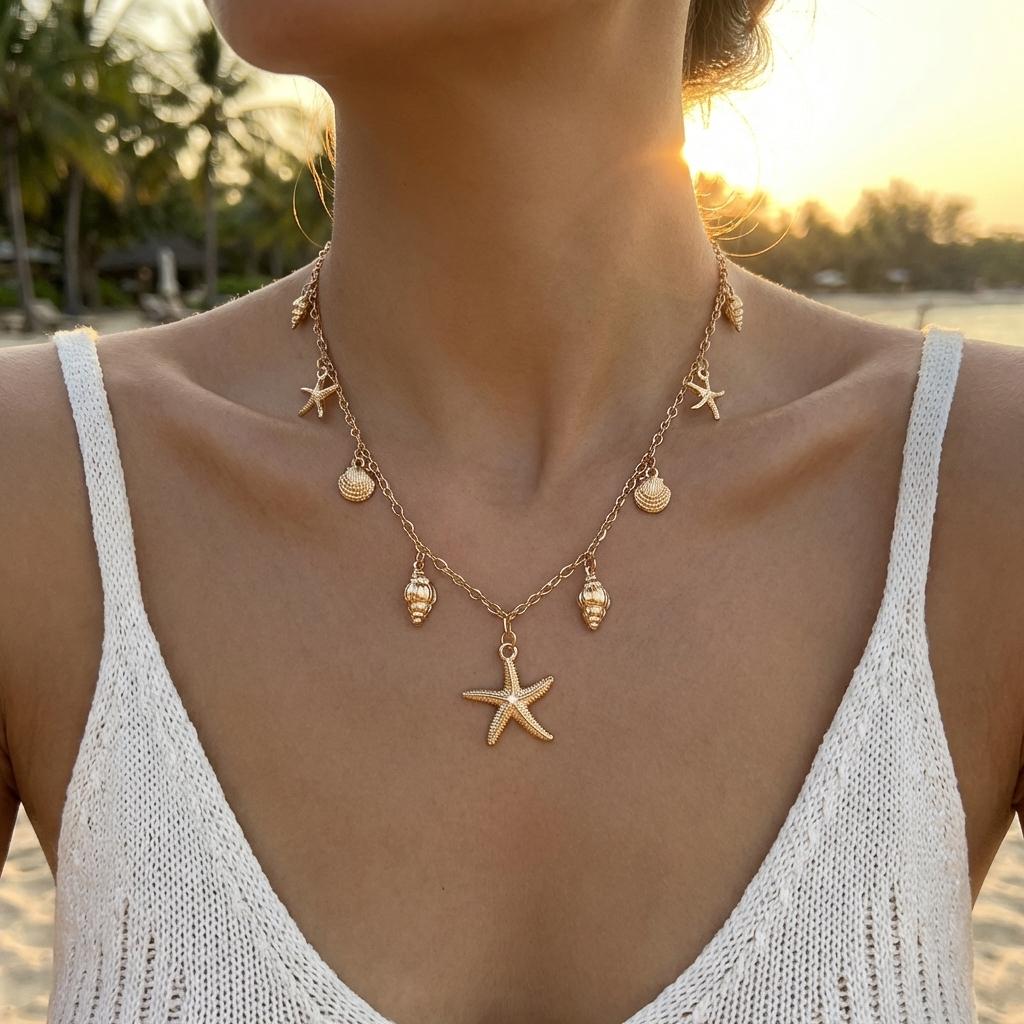 Starfish Conch Choker Necklace Ocean Theme Sea Shell Short Collarbone Chain Summer Beach Vacation Jewelry for Women