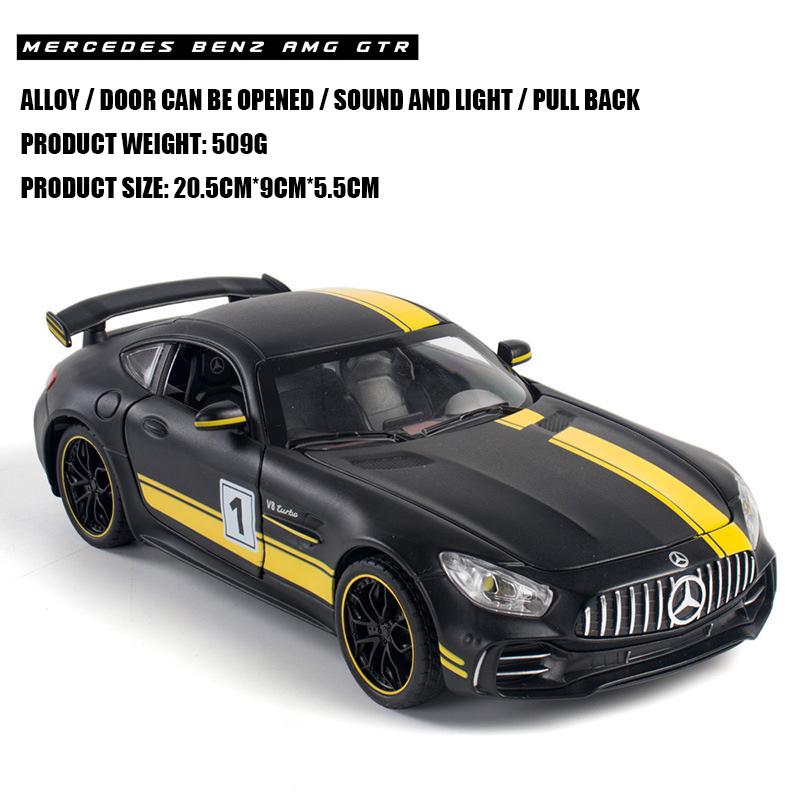 

Модель спортивного автомобиля Benz Gtr из сплава в масштабе 1/24, металлическая детская литая игрушечная машина, модификация, симуляция, звук и свет, подарок для мальчика чёрный