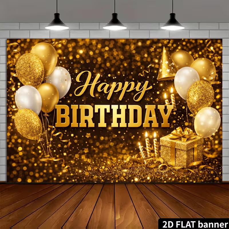 2D Luxury Gold Bokeh Balloon Gift Box Photography Birthday Backdrop Banner