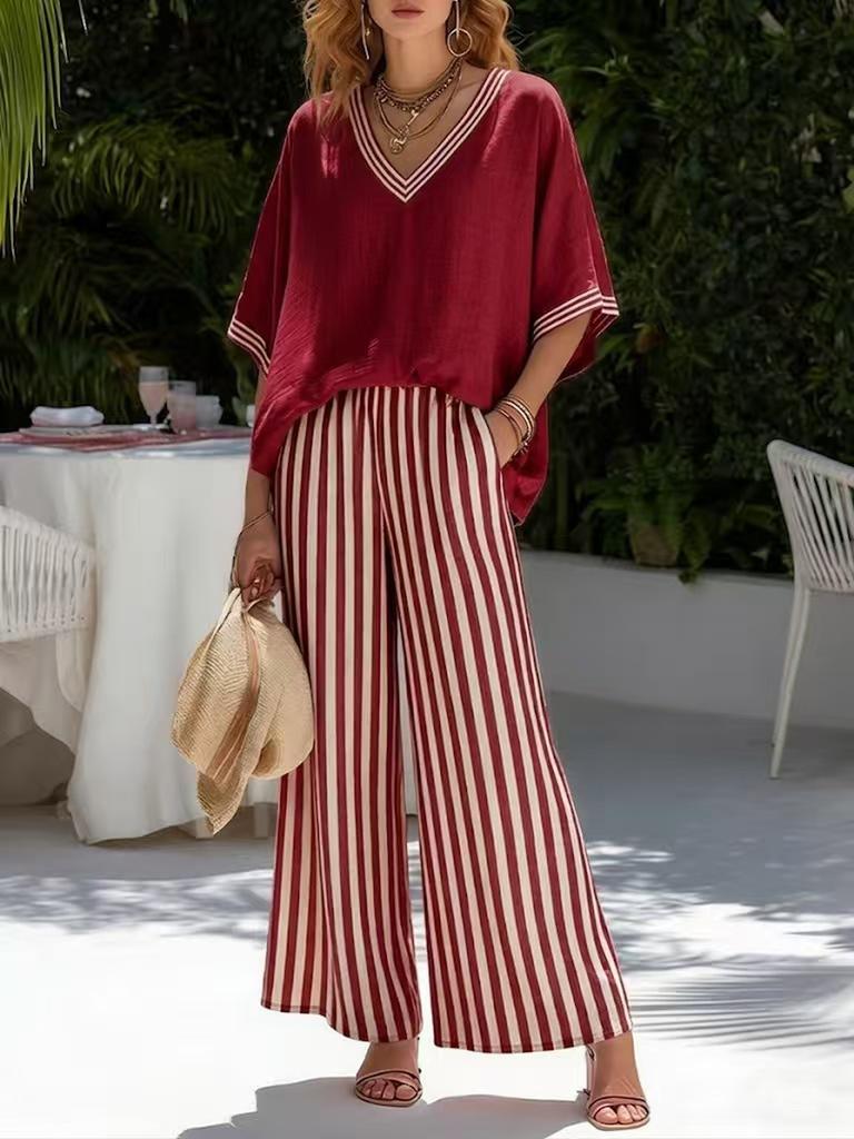 Gestreiftes Weitbein-Hosen-Set Damen Urlaubsstil Zweiteiliges Outfit Sommerurlaubsstil