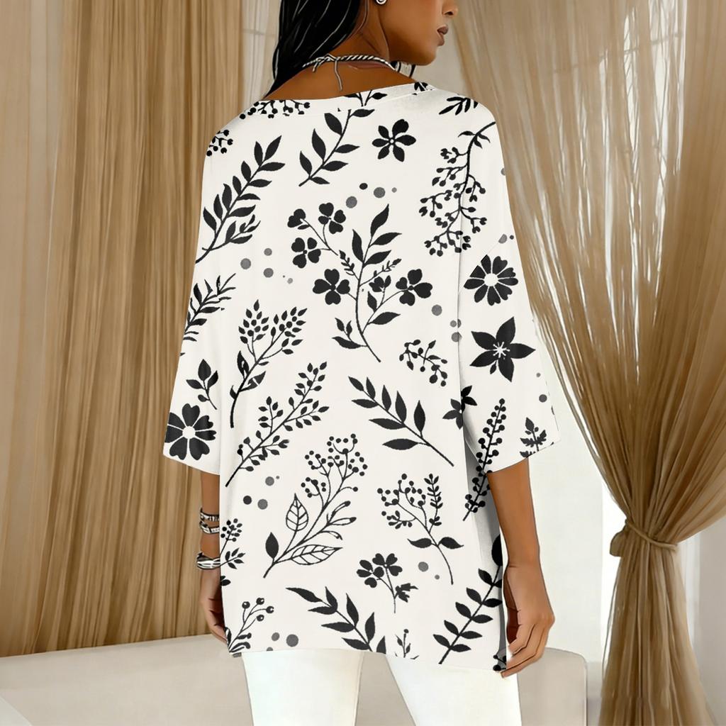 Women’s Loose Fit Three Quarter Sleeve Floral Print Top with Asymmetrical Hem Casual Lightweight Blouse Shirt for Daily Wear