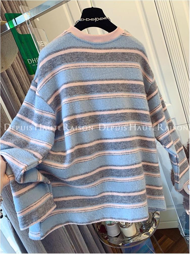 Women's Lazy Style Stripe Plush Long-Sleeve Age-Reducing T-Shirt - 2025 Autumn/Winter Collection