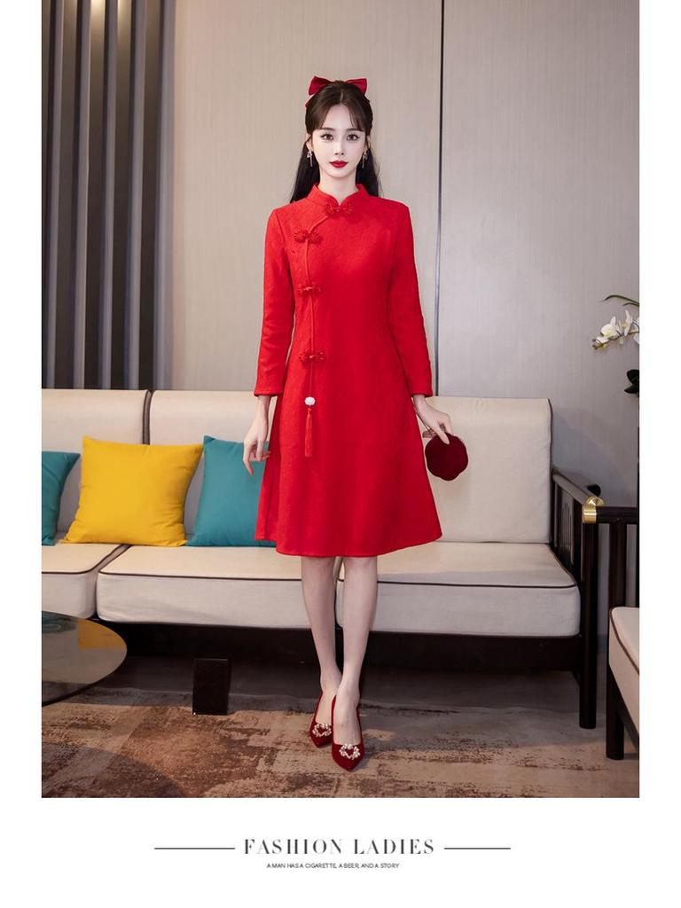 New Autumn/Winter Red Cheongsam Long-Sleeve Wedding & Homecoming Dress